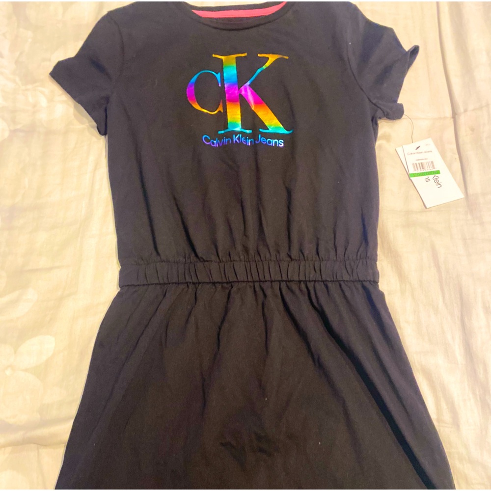Brand new girls large (12/14) CK Calvin Klein dress with multi colored logo